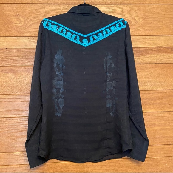 Roper Y2K blue embroidered sheer black pearl snap front western shirt - Picture 6 of 8